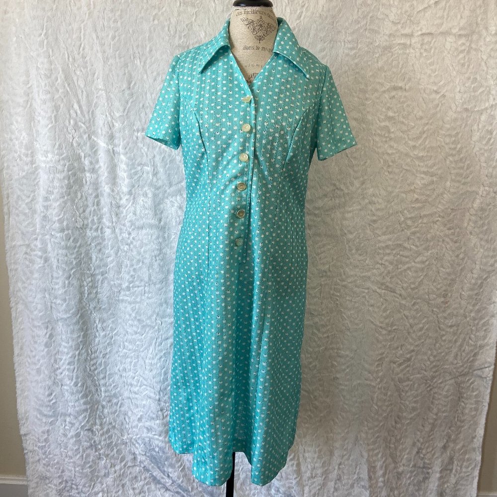 Vintage 60's polka dot Shift Dress Retro Teal Polka Dot Print Abstract
